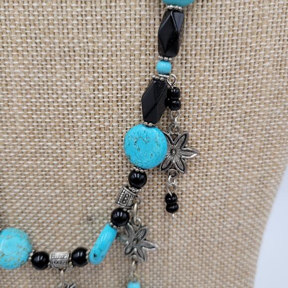 Womens Turquoise Necklace 18" Black Silver Beaded Collar Statement‎ Jewlery - Picture 5 of 8